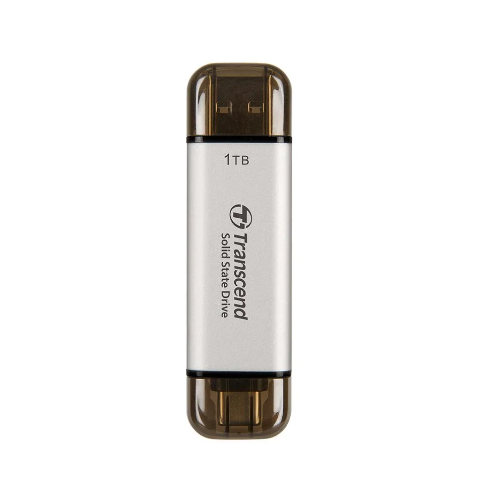 Silver rectangular portable SSD with USB-A and USB-C connectors