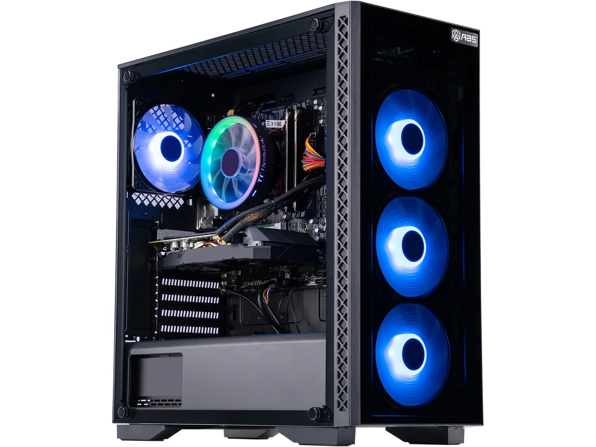 Black mid-tower case with tempered glass panels and RGB lighting