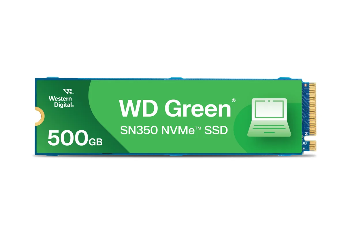 Small green printed circuit board M.2 2280 NVMe SSD with black controller and gold edge connector