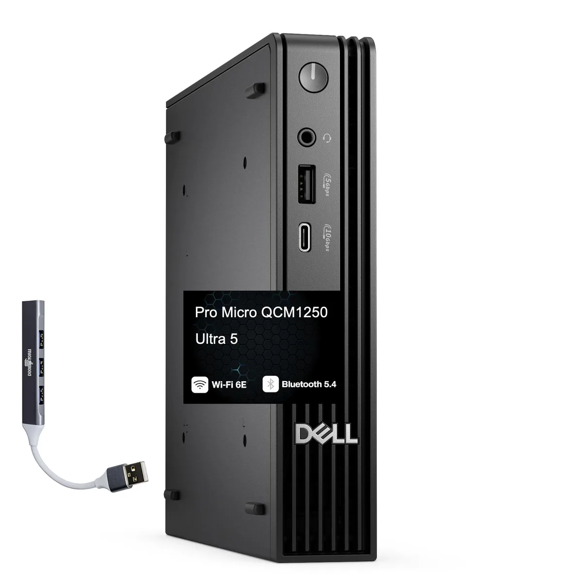 Compact black mini desktop with a small USB hub beside it