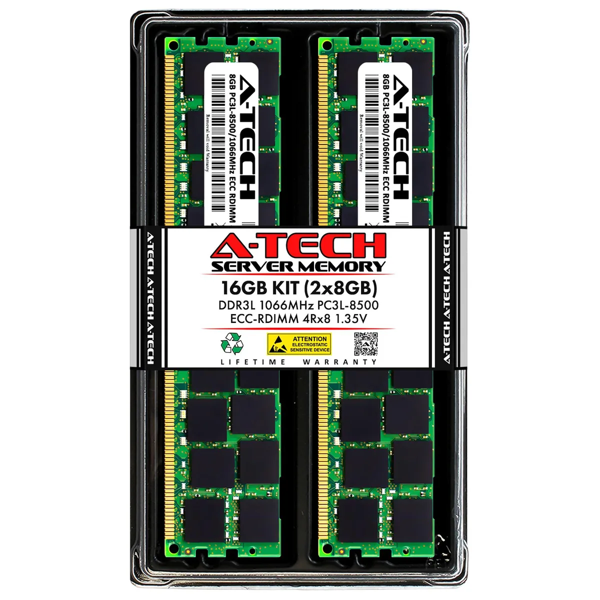 Two green DDR3 ECC registered DIMMs with gold contacts and black chips