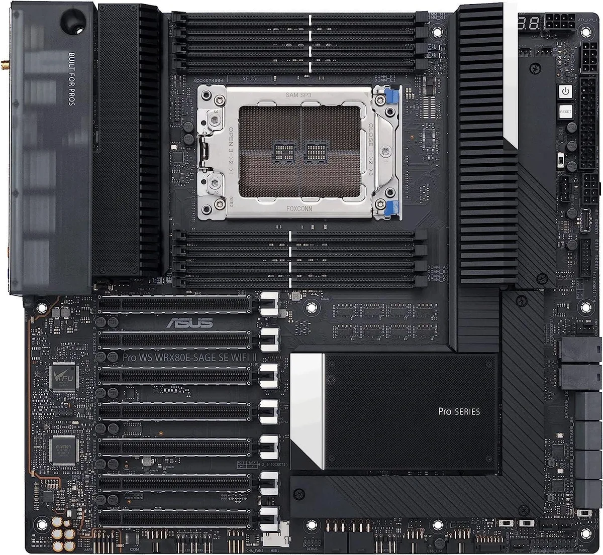 Extended-ATX motherboard with 24-core Threadripper PRO 5965WX installed, silver heatsinks, black PCB, rear I/O shield