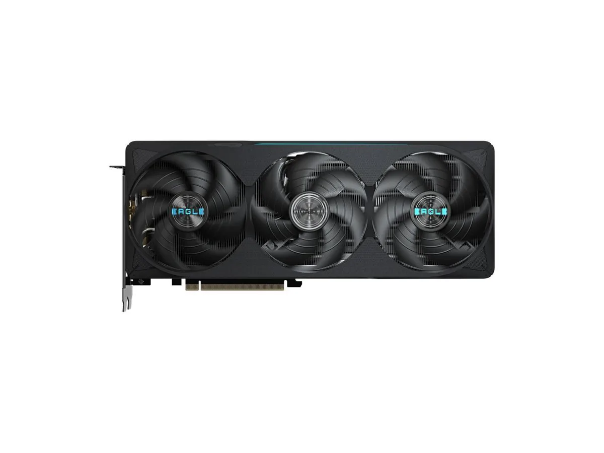 Black triple-fan graphics card with silver accents