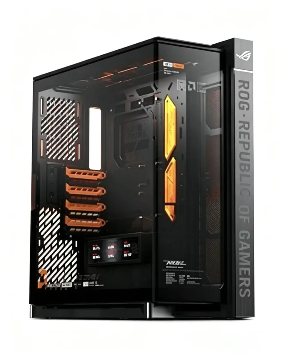 Black curved tower case with tempered glass panels and a 9.2-inch LCD sub-screen, aluminum and steel frame, vertical GPU mount visible
