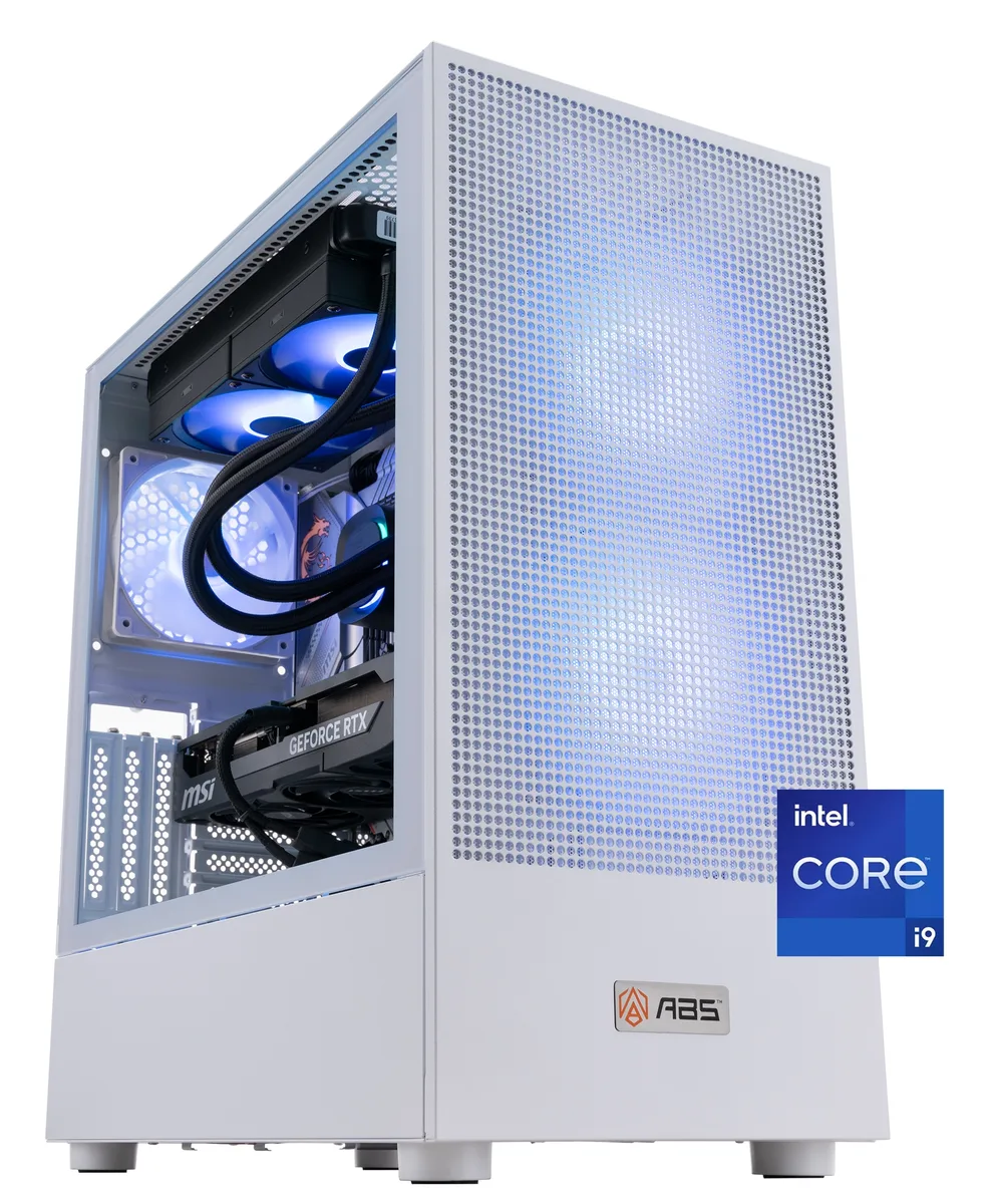 White mid-tower gaming desktop with tempered glass side panel and mesh front