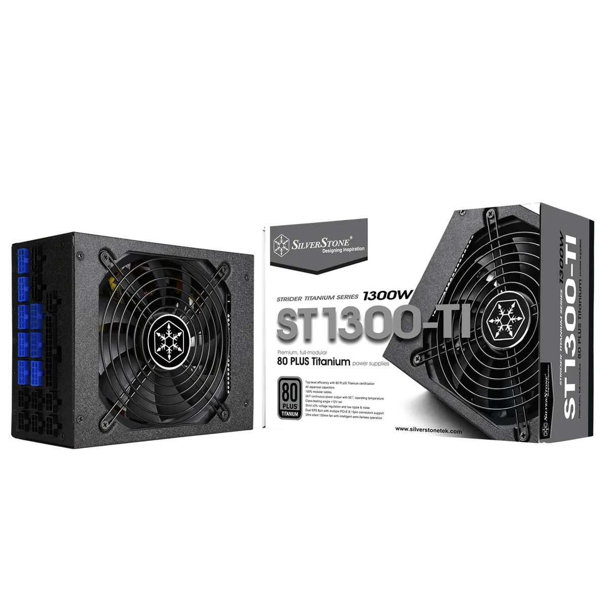 Black rectangular ATX power supply unit with modular cable ports and 135mm fan grille