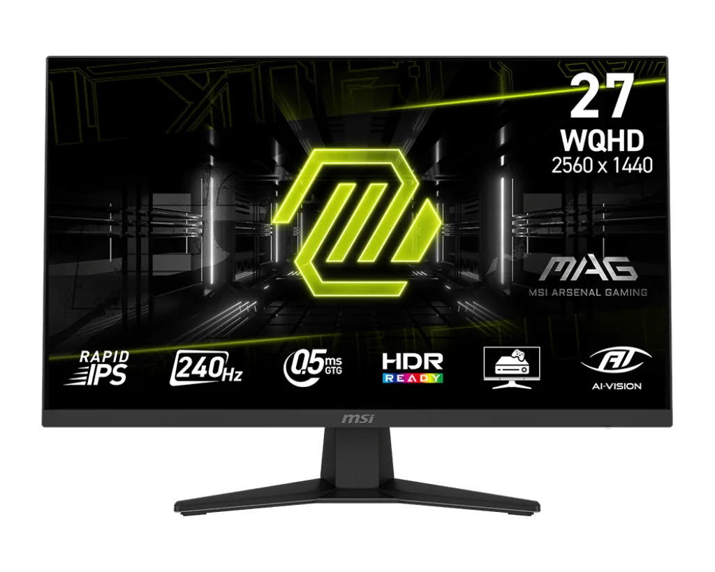 27 inch gaming monitor in metallic black with thin bezels and a tilt adjustable stand
