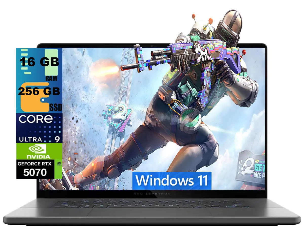 Grey ASUS ROG Zephyrus G16 laptop, 16 inch OLED display, slim aluminium chassis