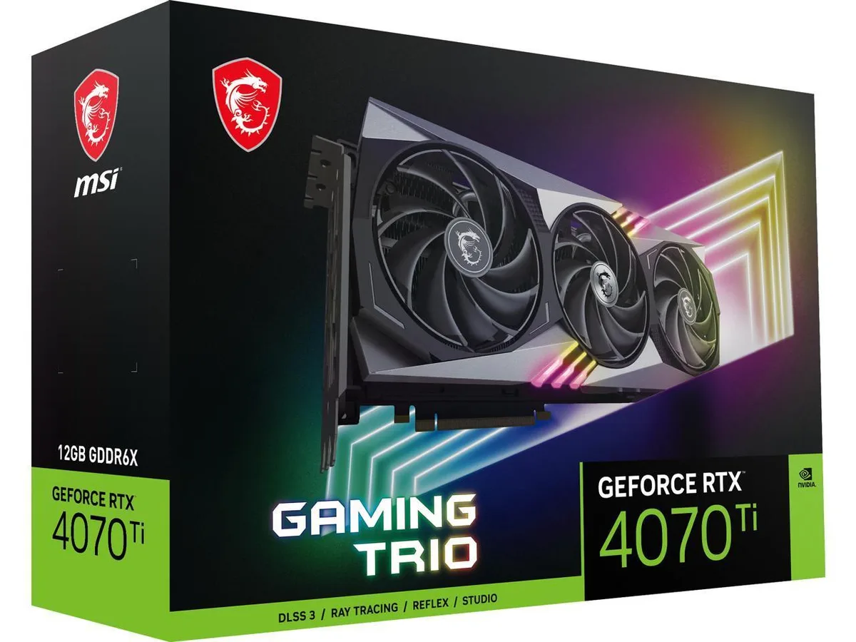 MSI GeForce RTX 4070 Ti Gaming Trio 12G triple-fan graphics card in black and silver finish