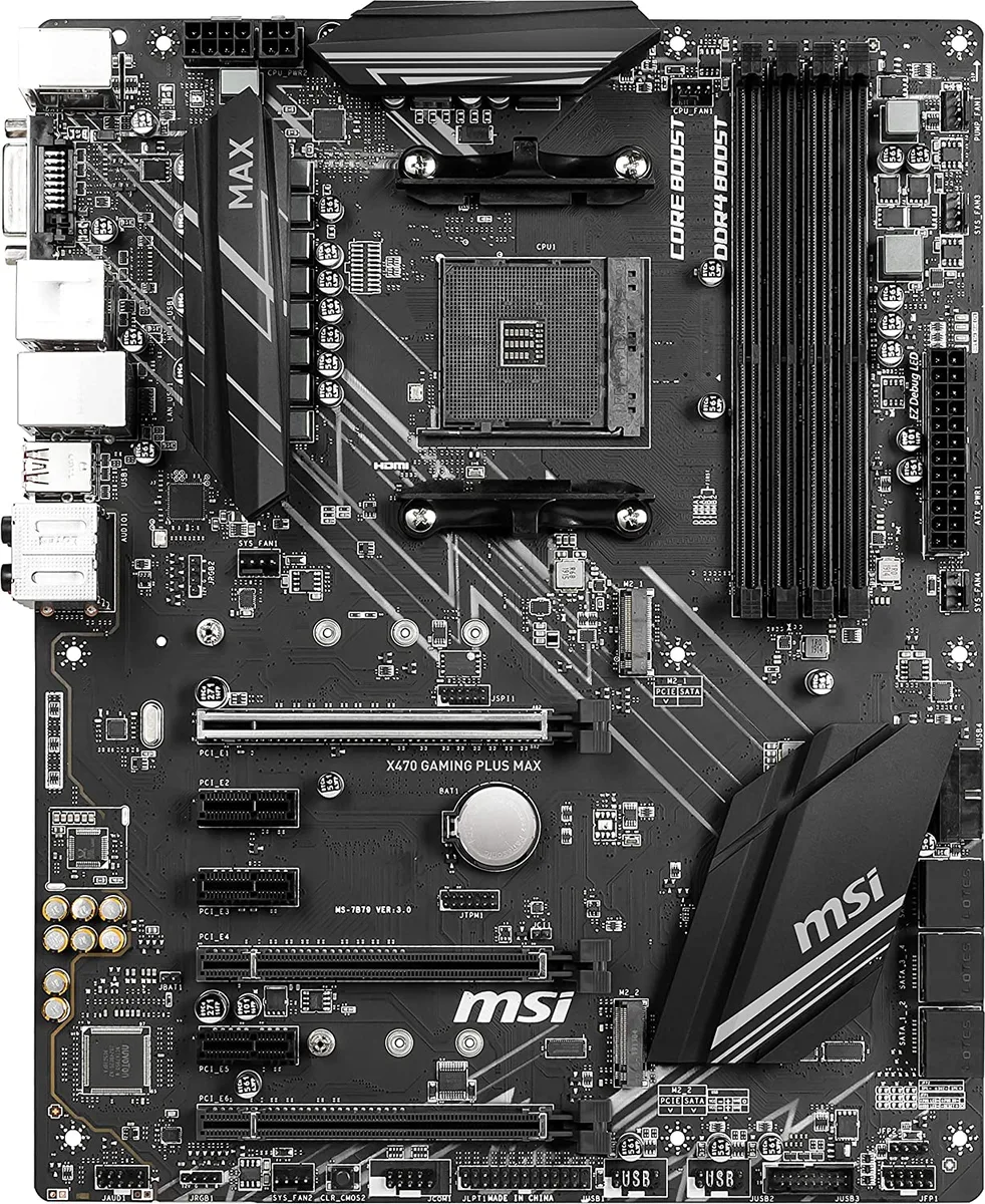 ATX motherboard in black with red accents, AM4 socket, two M.2 slots, I/O shield and cables included