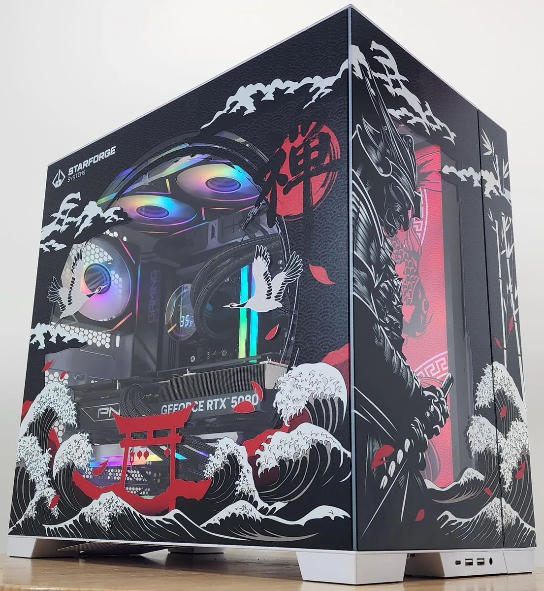 Tower PC in Clouded Gates case with 360mm black AIO LCD cooler and RTX 5080 graphics card
