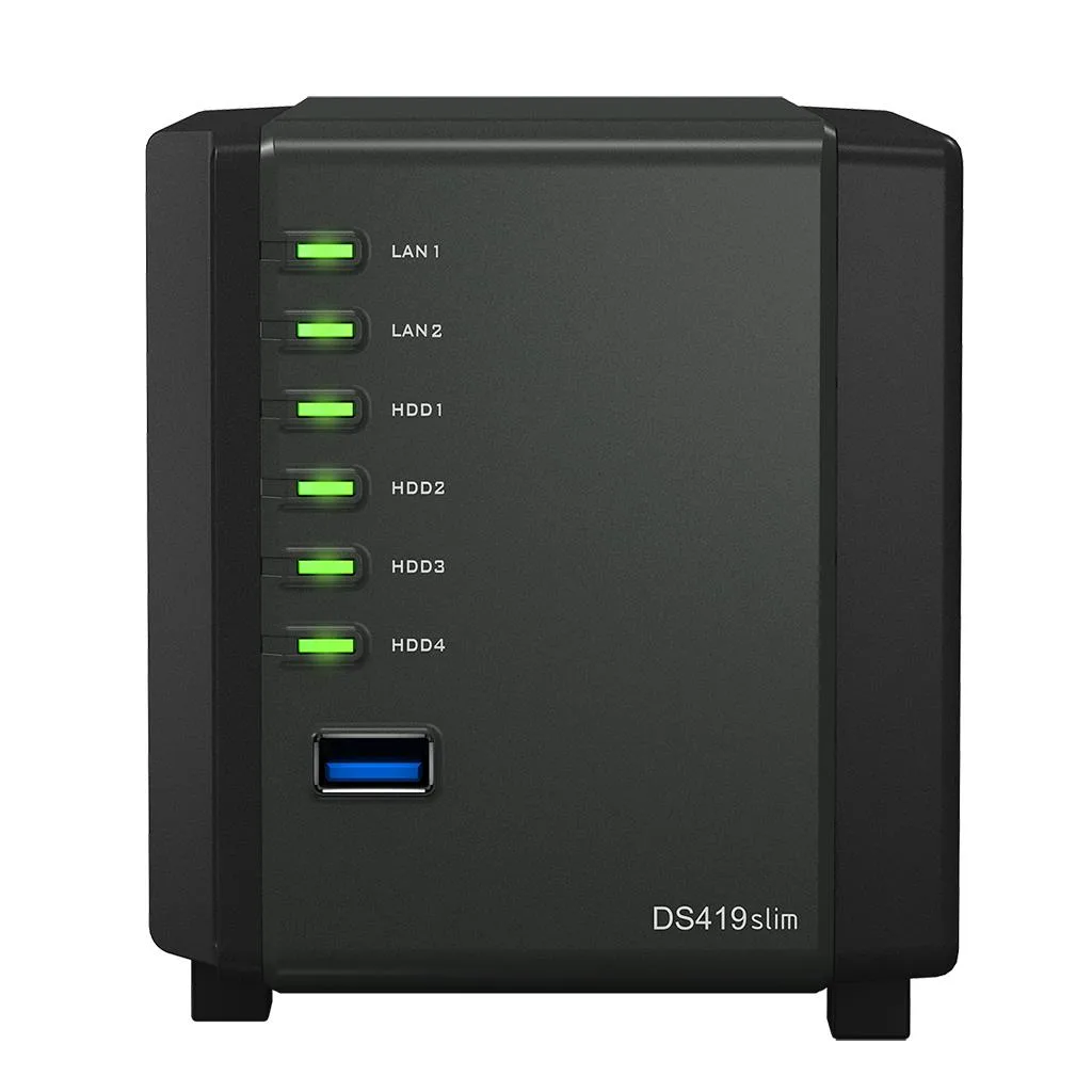 Compact four-bay NAS tower in matte black with front drive bays and rear dual LAN ports