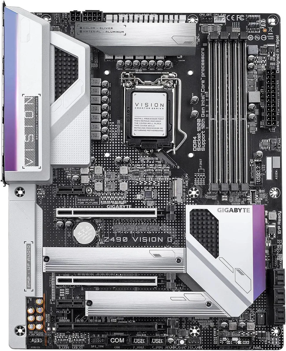 Rectangular ATX motherboard in silver and black with silver heatsinks, four DDR4 slots, two M.2 shields