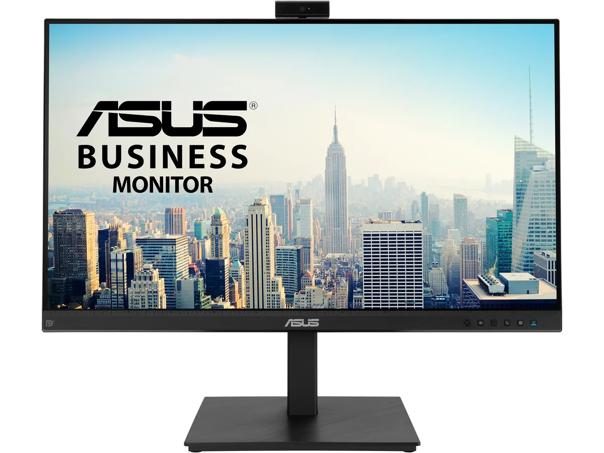 Black 27-inch flat monitor with integrated webcam and ergonomic stand