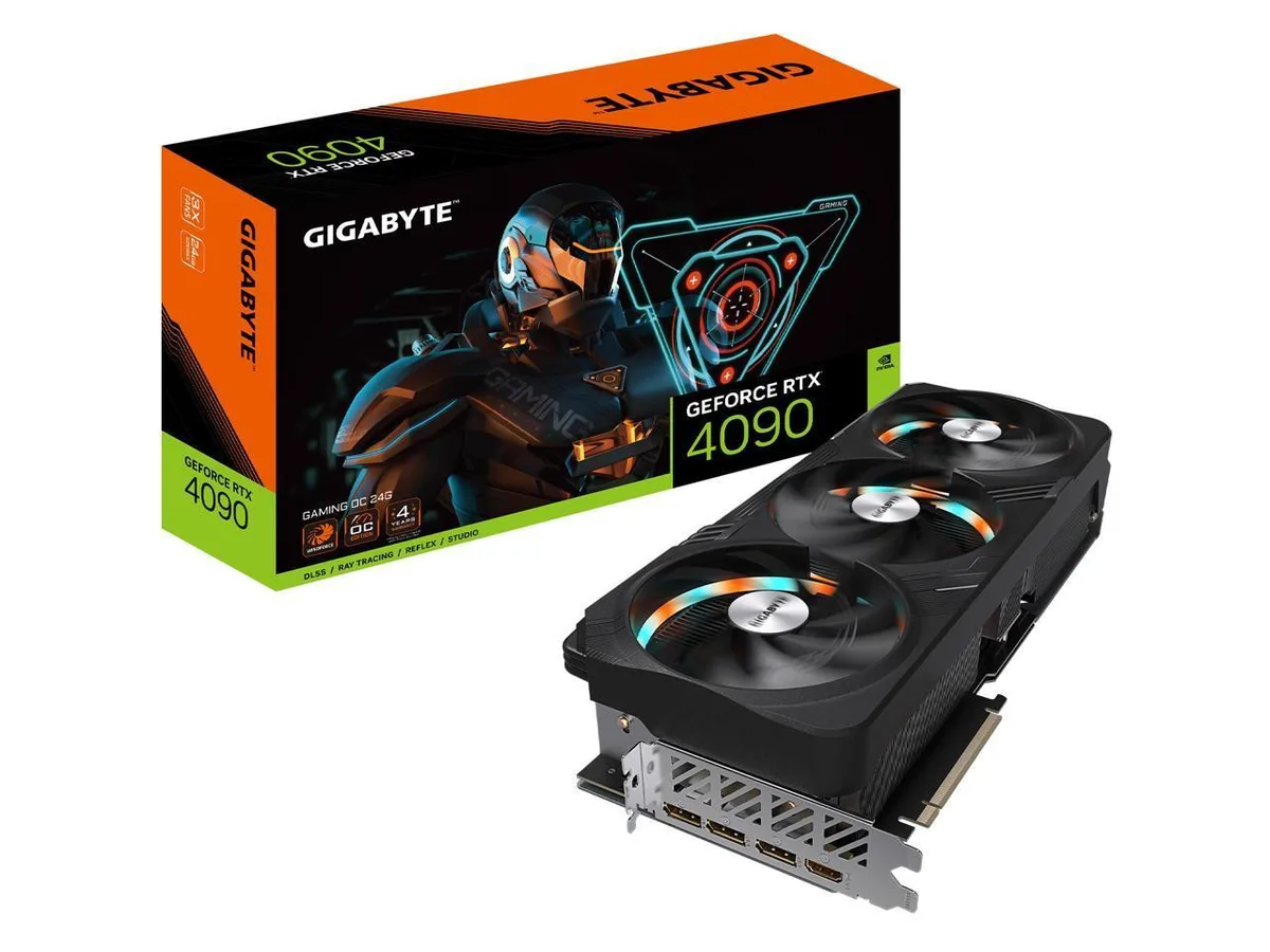 GIGABYTE GeForce RTX 4090 GAMING OC 24G graphics card with triple fans and metallic silver shroud