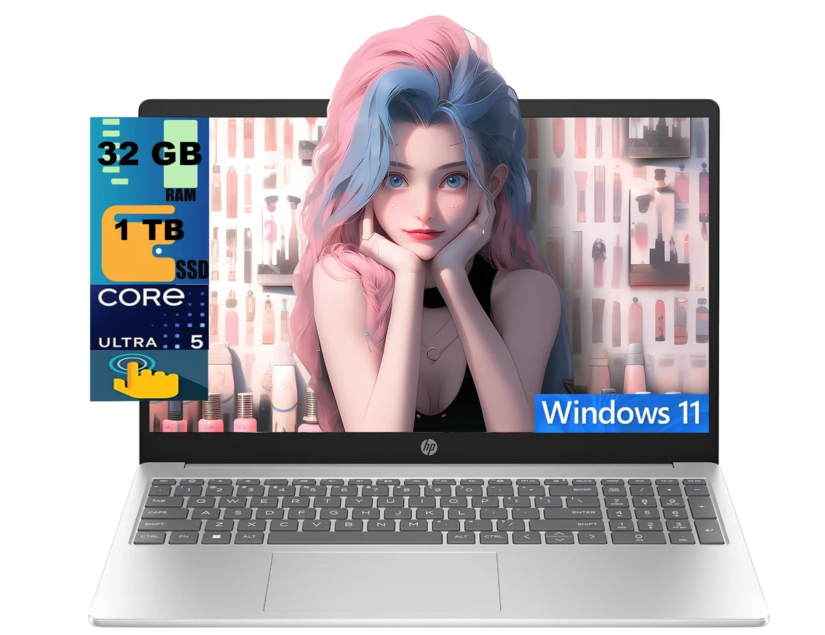 Silver HP 15 laptop, 15.6 inch FHD touchscreen, slim profile