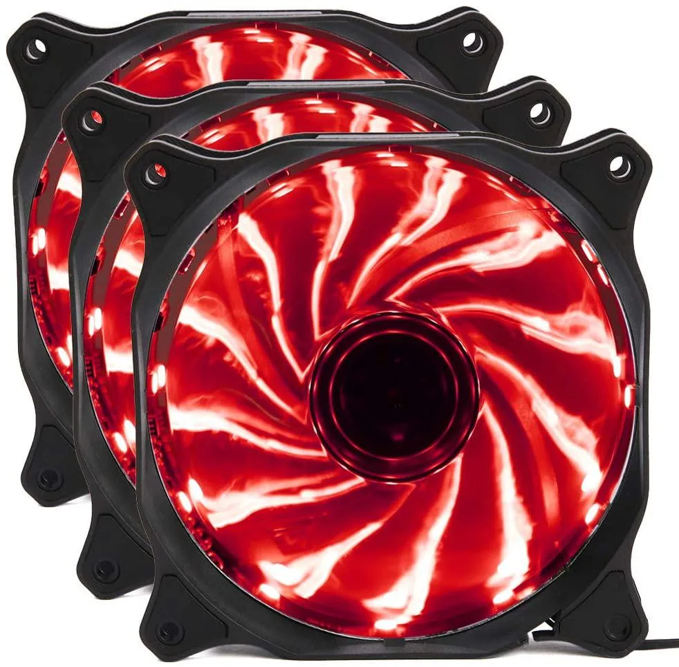 Three square 120 mm RGB case fans with transparent blades and black frames, shown as a 3-pack