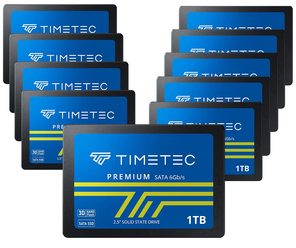 Ten silver 2.5 inch SATA SSDs in a row