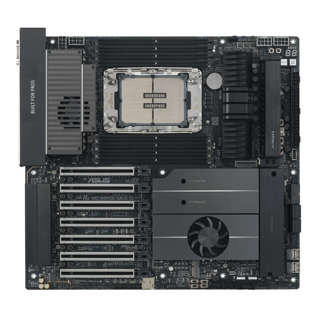 Rectangular dark circuit board with silver sockets, black heatsinks and multiple expansion slots