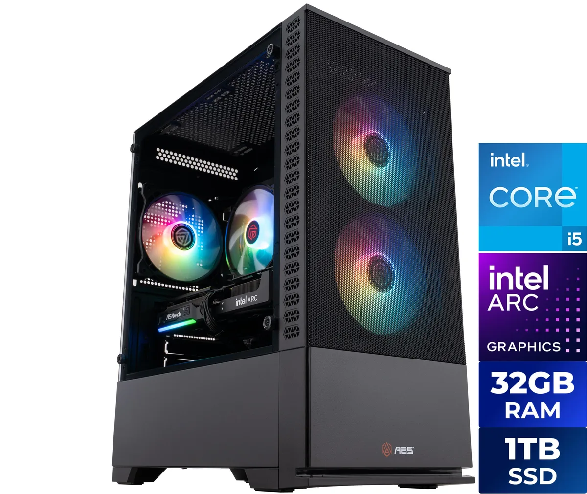 Black mid-tower gaming desktop with ARGB CPU cooler visible through side panel