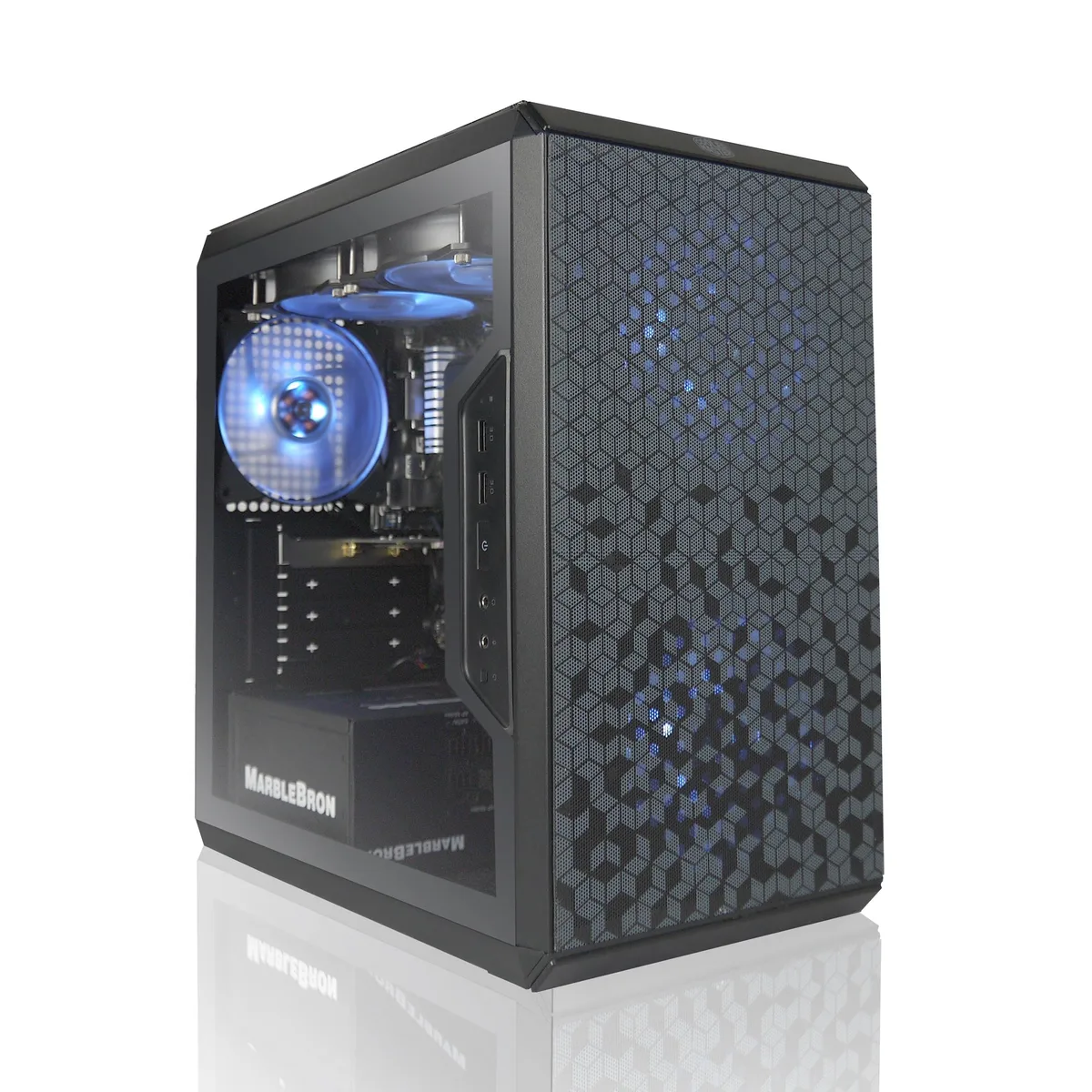 Black Micro-ATX tower with ARGB fans and liquid cooler visible through side panel