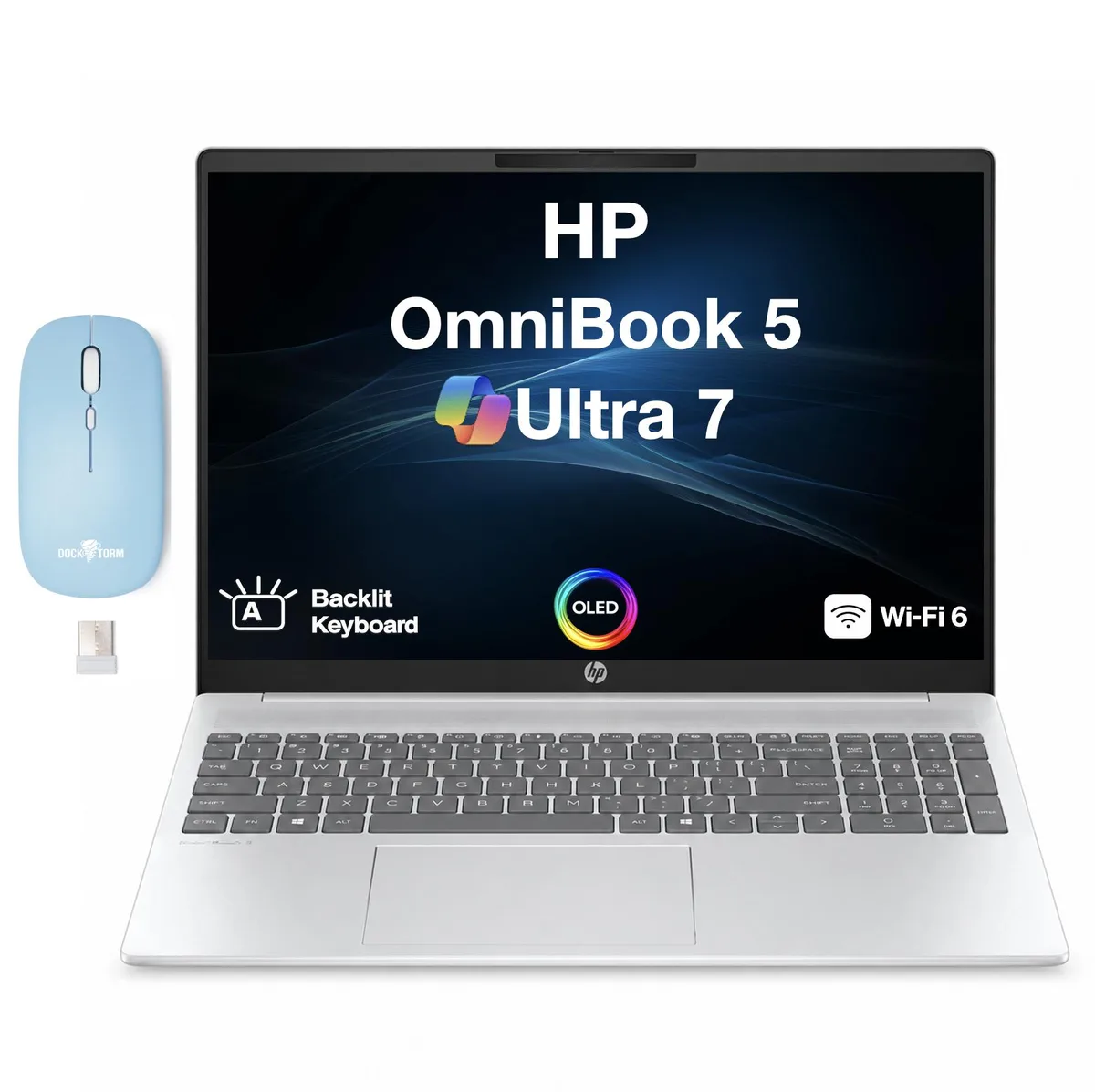 Silver HP OmniBook 5 laptop with 16.0 inch OLED screen