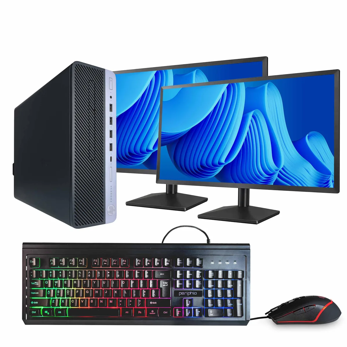 HP ProDesk 600G5 desktop tower in black and silver with dual 24 inch monitors