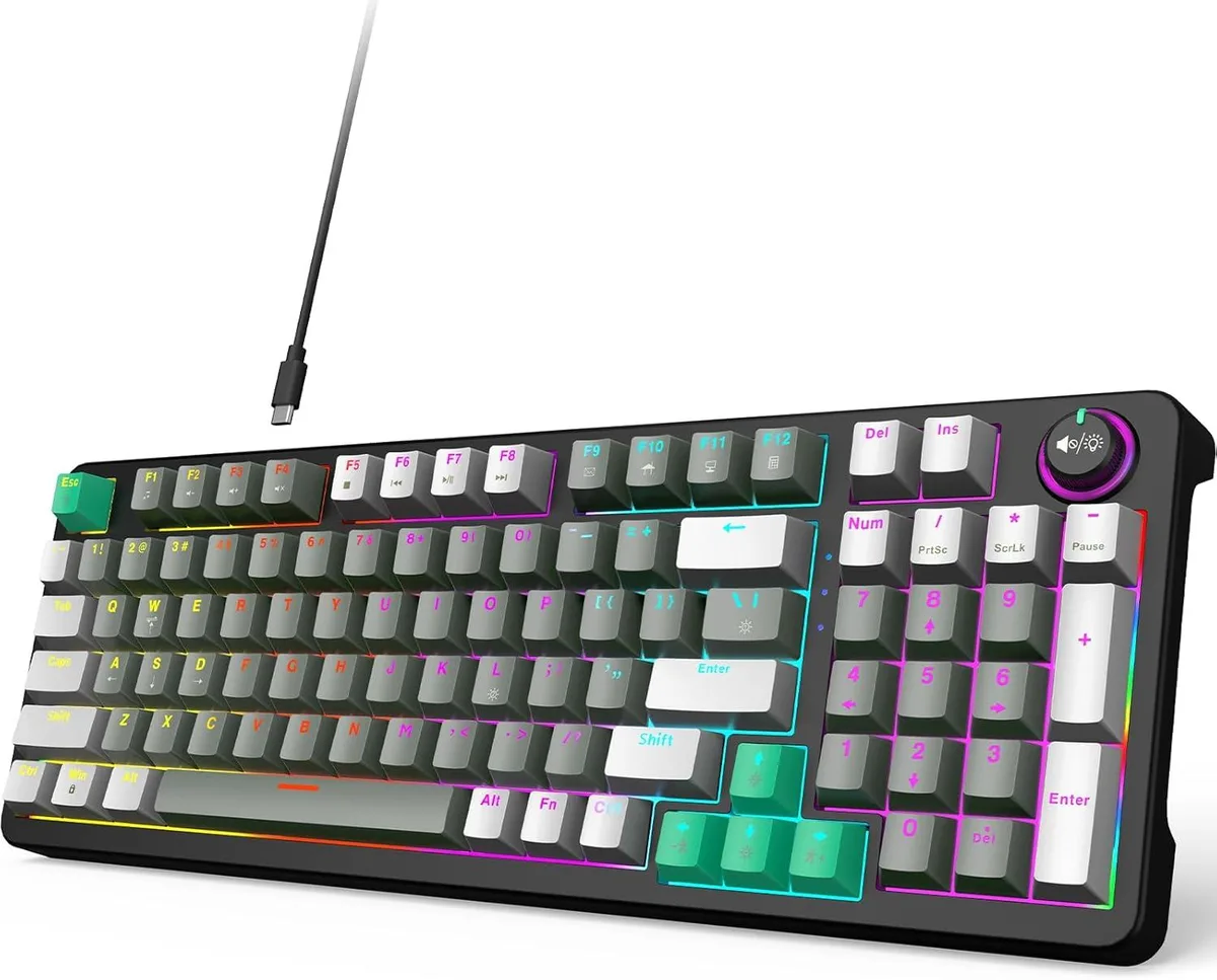 Compact 96-key mechanical keyboard grey black PBT keycaps blue switches side LED lighting volume knob