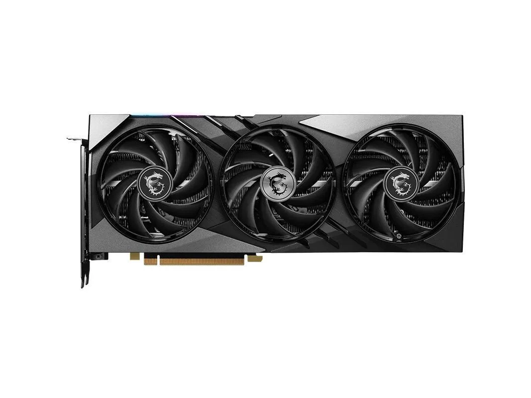 Slim triple-fan graphics card in dark gunmetal finish with exposed heatsink and 16-pin power connector