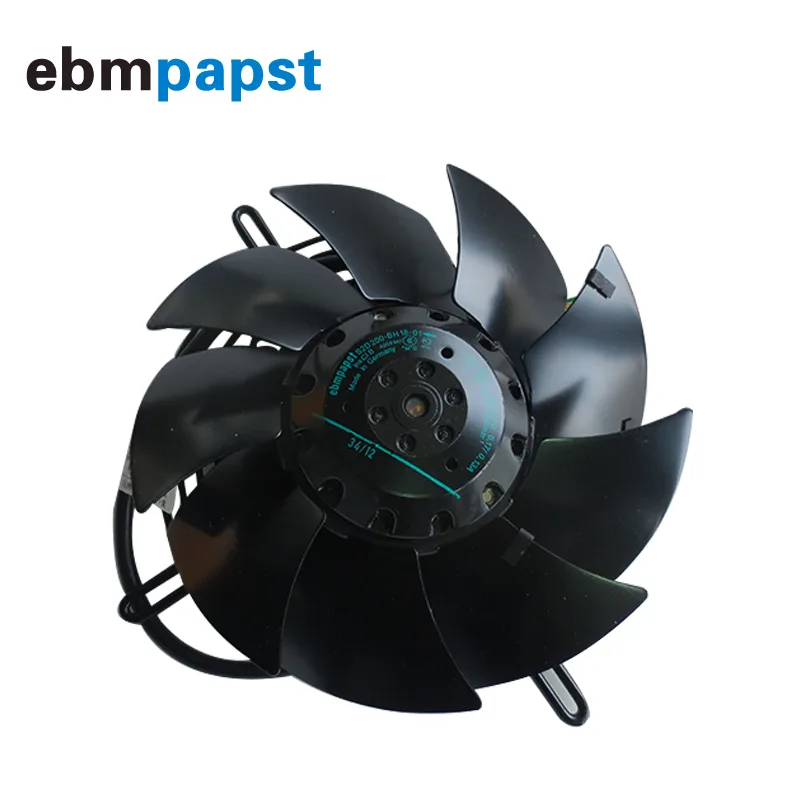 A 200mm axial fan with black blades and a metal hub, shown from the front