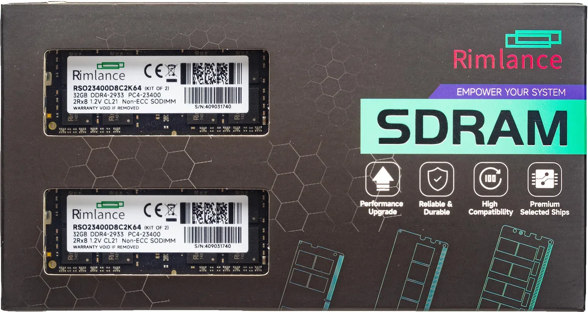 RIMLANCE RIMLANCE 64GB (2x32GB) DDR4 2933MHz CL21 2RX8 1.2V SODIMM Laptop RAM — ürün fotoğrafı