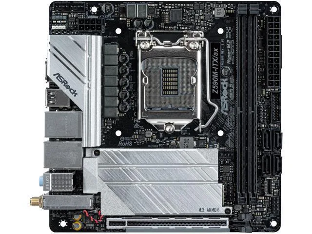 Compact Mini-ITX motherboard with black PCB, silver heatsinks and rear I/O shield