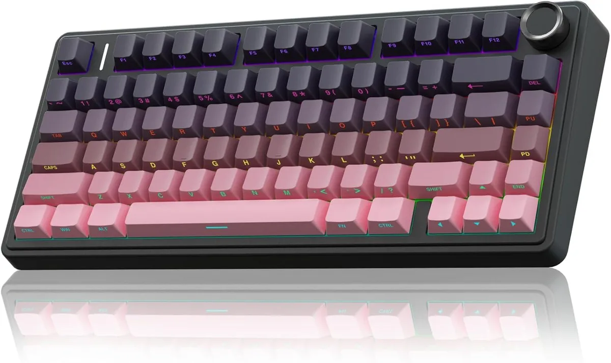 Pink and black 75 percent mechanical keyboard with side-printed PBT keycaps