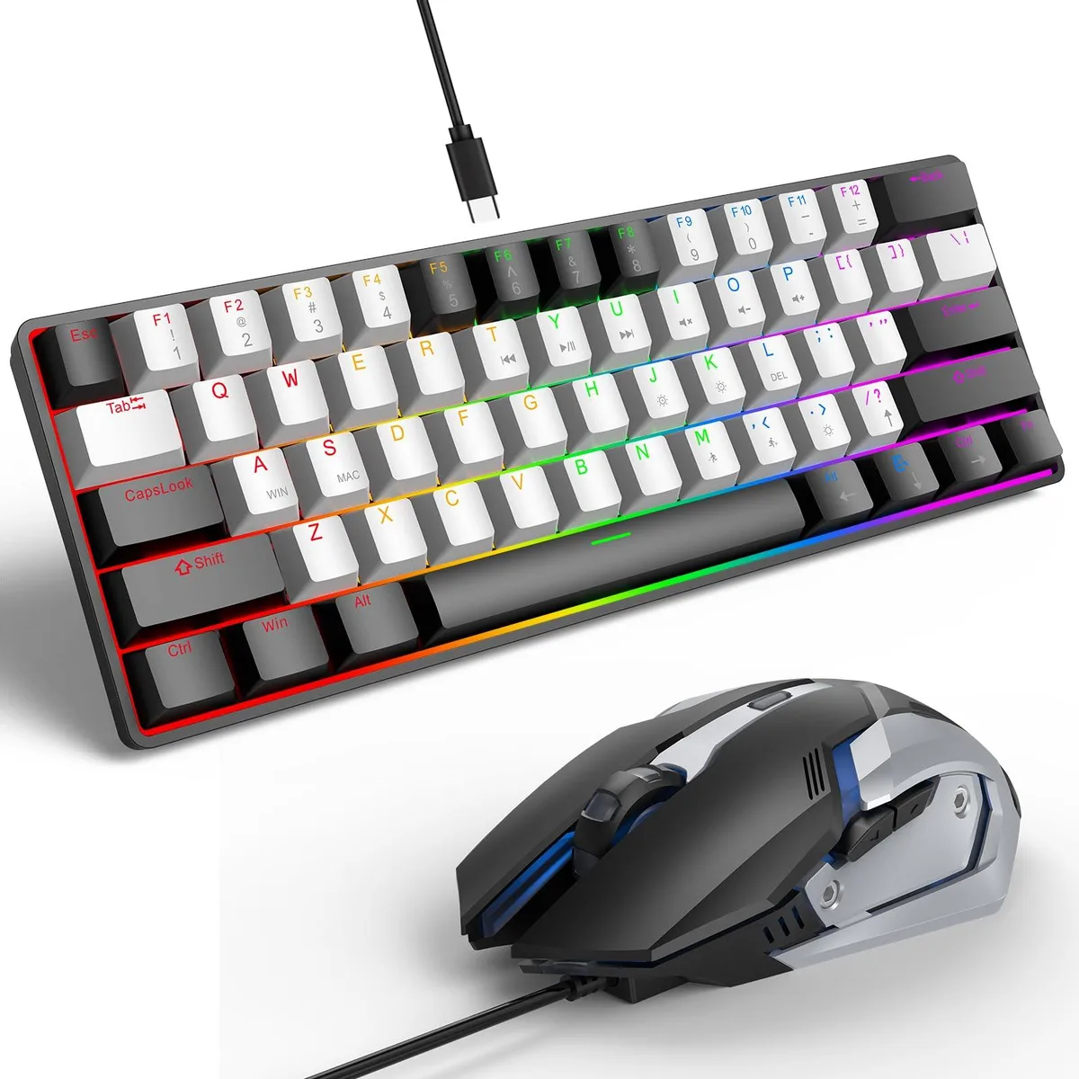 Compact 61-key mechanical keyboard in white and black with matching wired gaming mouse