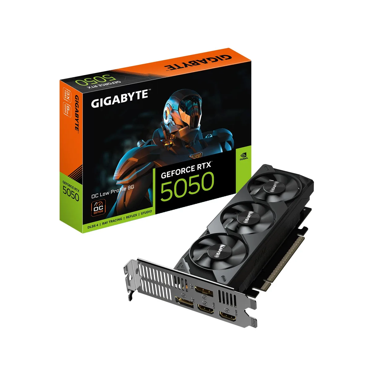 Black low-profile graphics card with dual-slot cooler and four video outputs