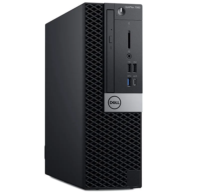 Black Dell OptiPlex 7060 small form factor desktop tower with keyboard and mouse
