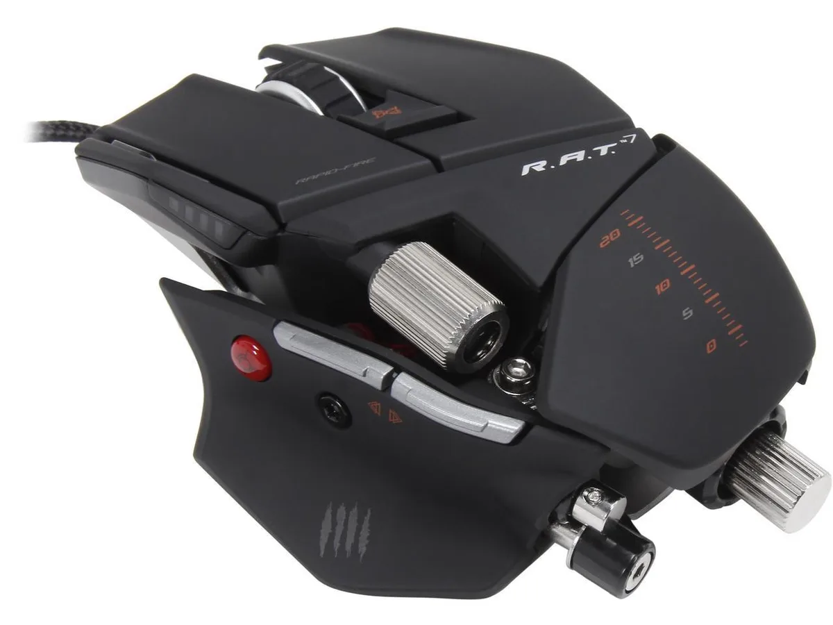 Black wired gaming mouse with adjustable palm rest and thumb panel, exposed metal chassis, scroll wheel visible