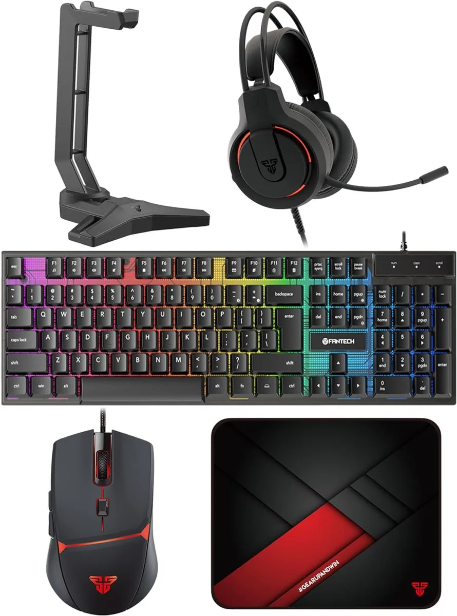 Black keyboard, mouse, headset, stand and pad set