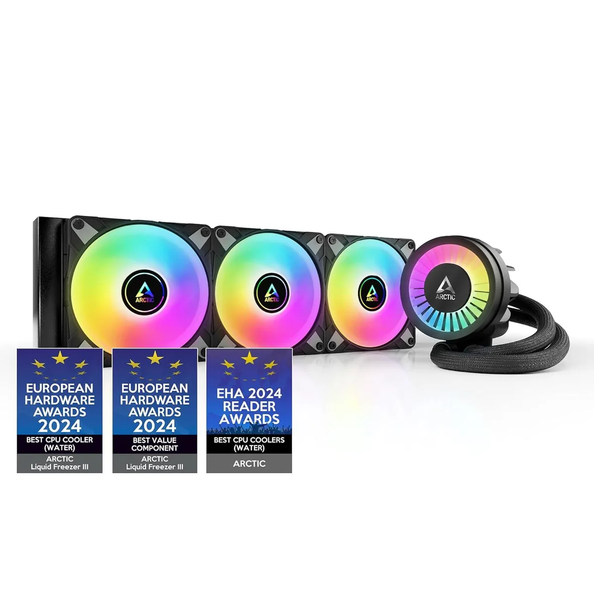 Black 360 mm radiator AIO cooler with three fans and integrated hose sleeving