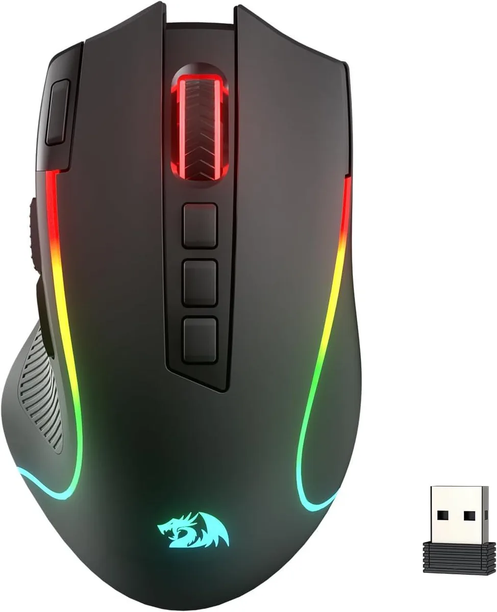 Black right-handed gaming mouse with frosted coating, nine buttons and scroll wheel