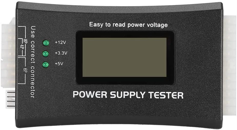 Compact ATX power supply tester with LCD screen showing voltage to .01V, 20/24 pin connector and SATA ports
