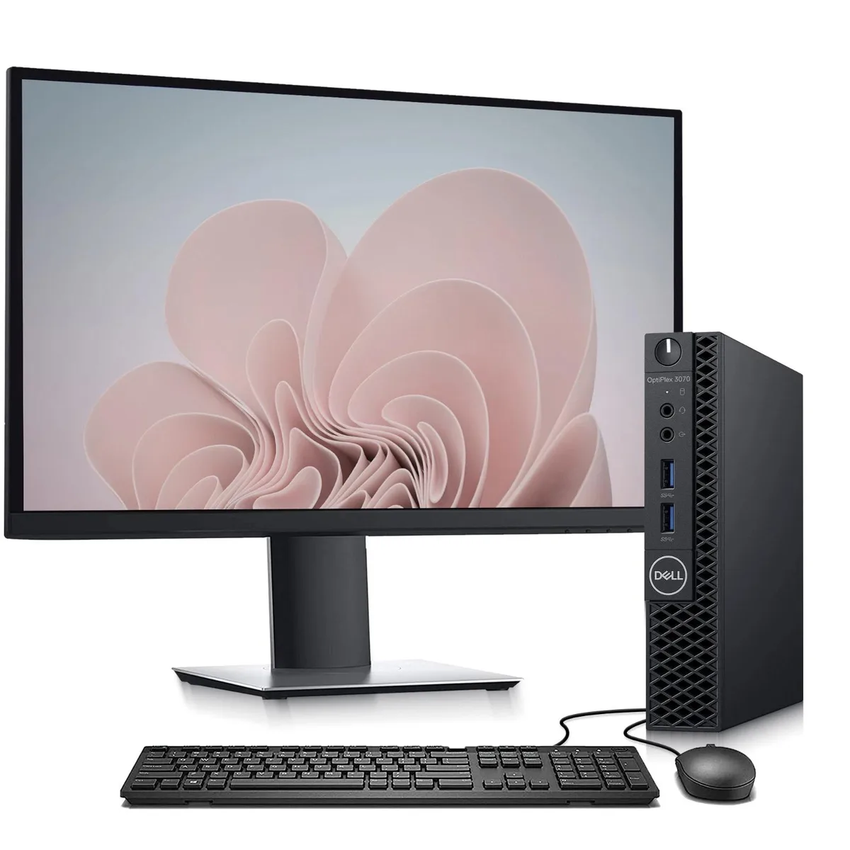 Compact Dell 3070 Tiny desktop with 22 inch monitor keyboard and mouse