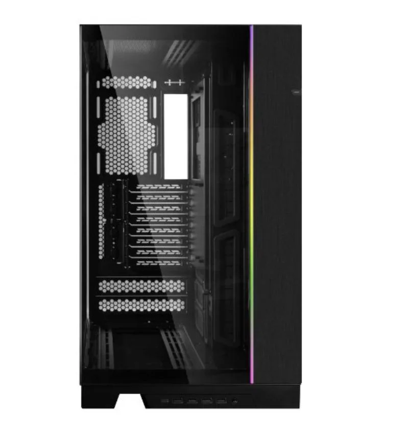 Black full-tower chassis with tempered-glass side and front panels, steel frame, aluminium accents