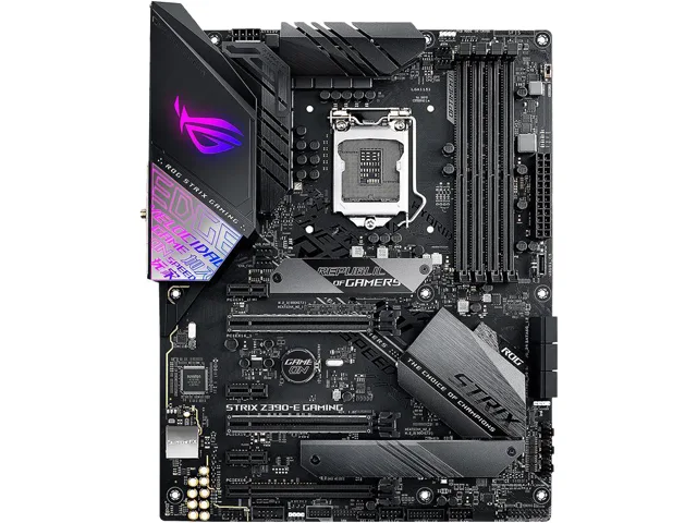 Black ATX motherboard with silver heatsinks and RGB lighting, mounted I/O shield visible