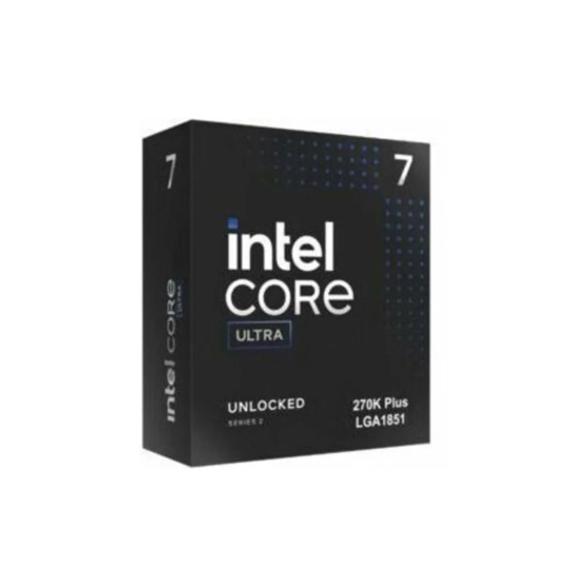 Boxed Intel Core Ultra 7 270K PLUS desktop processor with gold contacts and green substrate