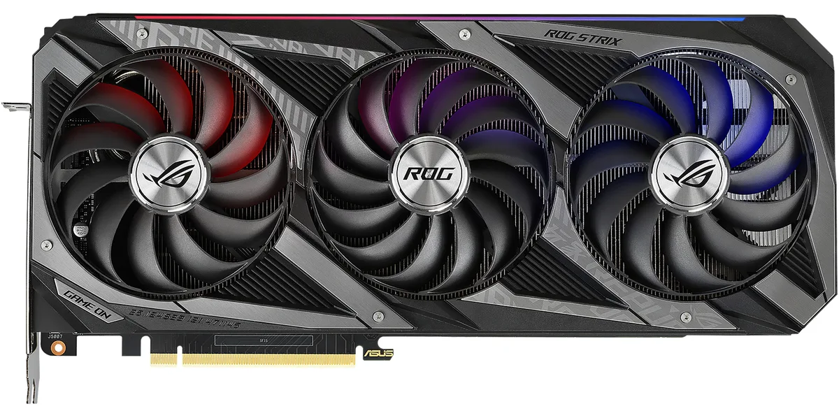 Black triple-fan graphics card with metal backplate, 2.9-slot thickness