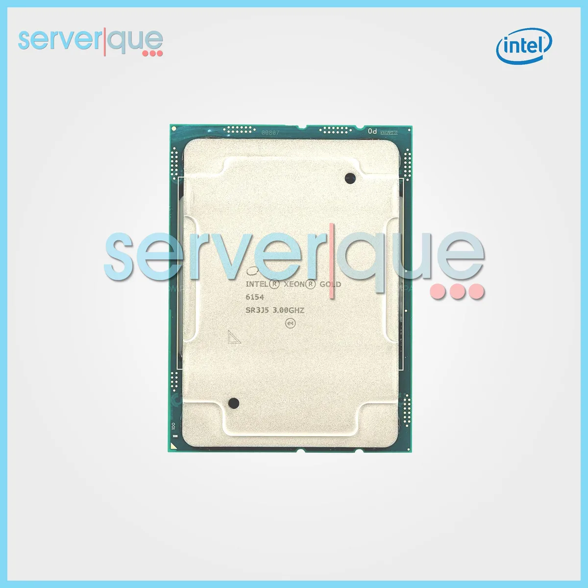 Intel Xeon Gold 6154 server processor, rectangular green PCB with gold LGA 3647 contacts, silver integrated heat spreader marked SR3J5