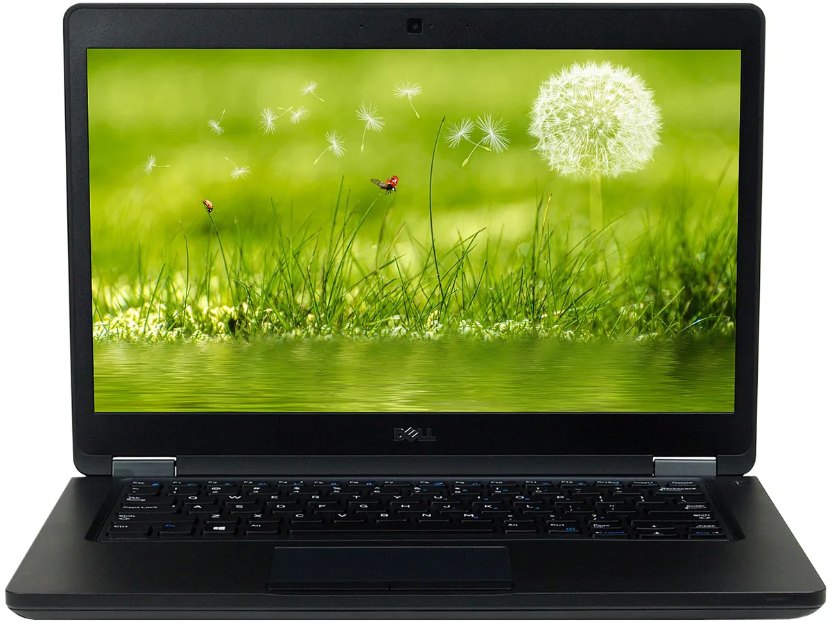 Refurbished Dell Latitude 5480 laptop, 14-inch matte screen, dark grey chassis with visible wear