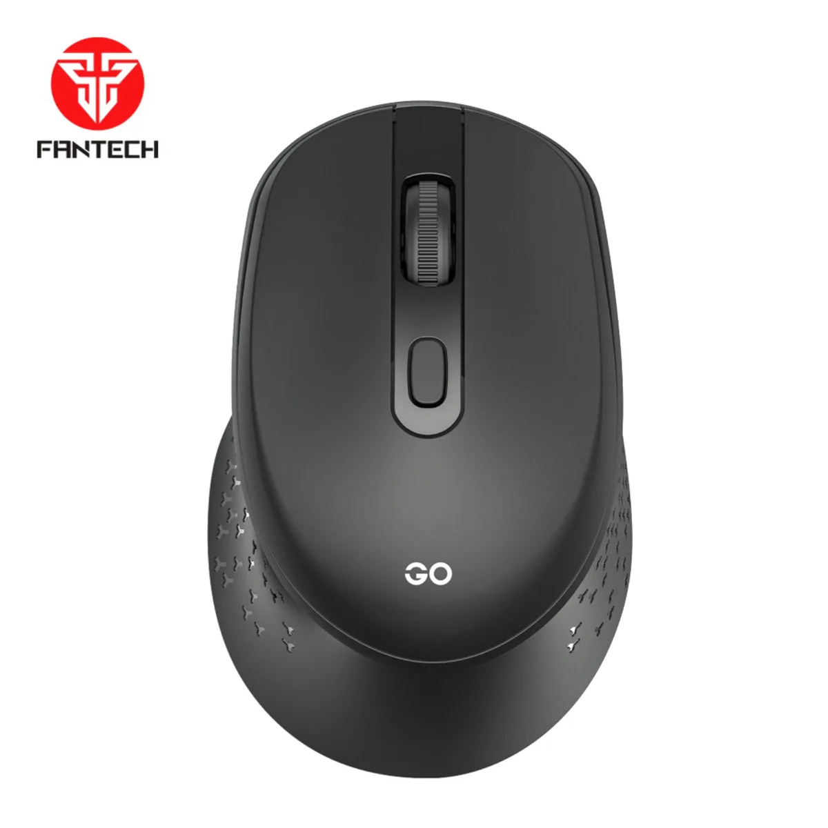 Black wireless gaming mouse with ergonomic thumb contour and textured side grips