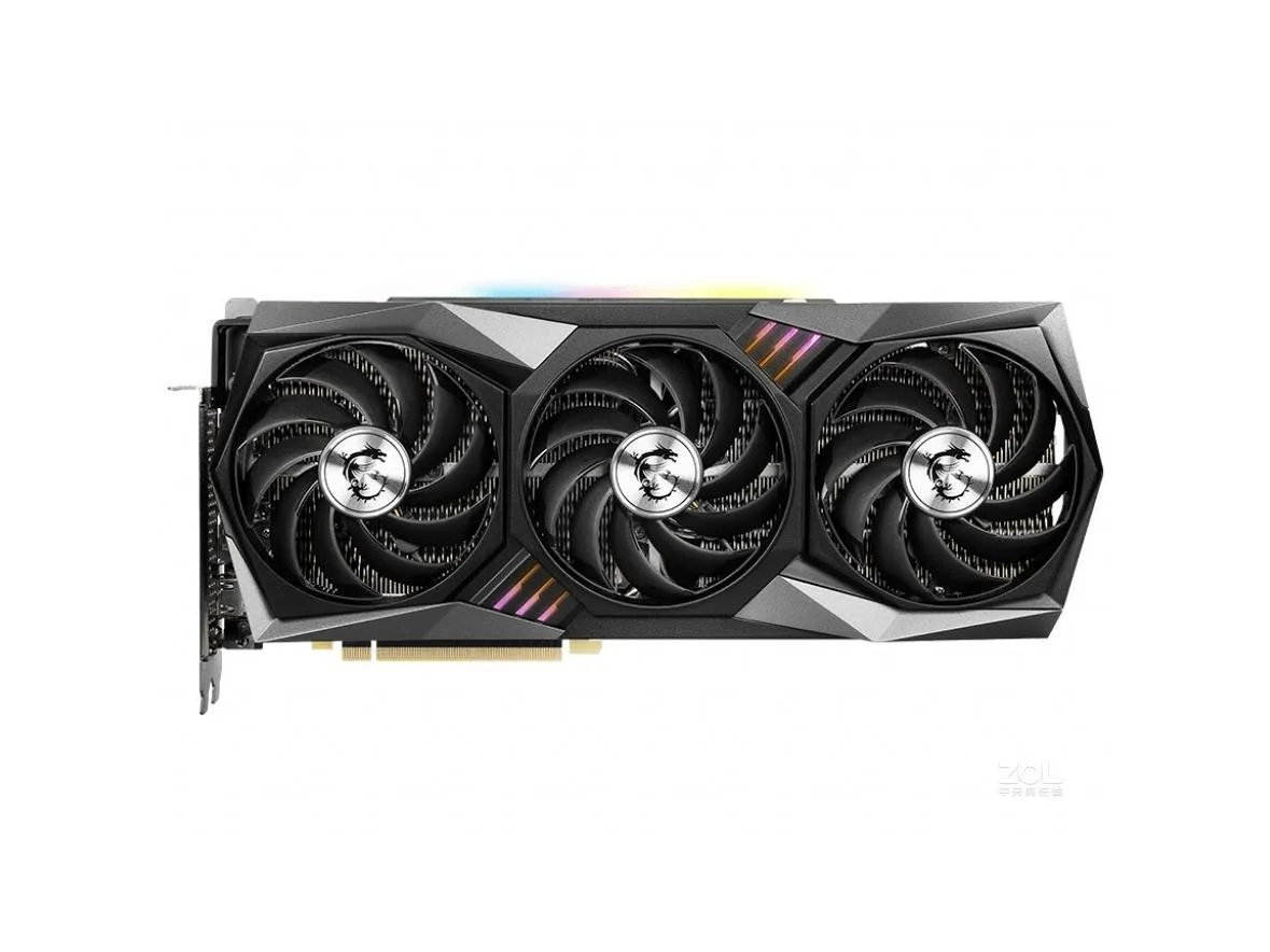 Triple-fan graphics card in dark grey metal finish